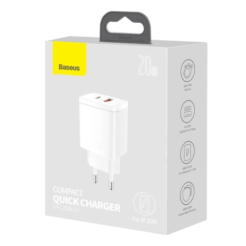 Kup Încărcătorul de rețea Baseus Compact Quick Charger, USB, USB-C, 20W (alb) - BSU2805WHT - {ean13} - Sklep Home Screen