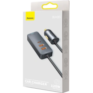 Ładowarka samochodowa Baseus Share Together z przedłużaczem, 2x USB, 2x USB-C, 120W (szara)