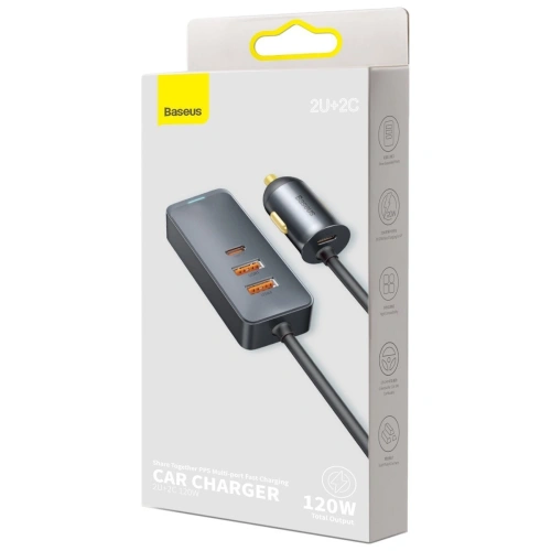 Kup Încărcător auto Baseus Share Together cu prelungitor, 2x USB, 2x USB-C, 120W (gri) - BSU2816GRY - {ean13} - Sklep Home Screen