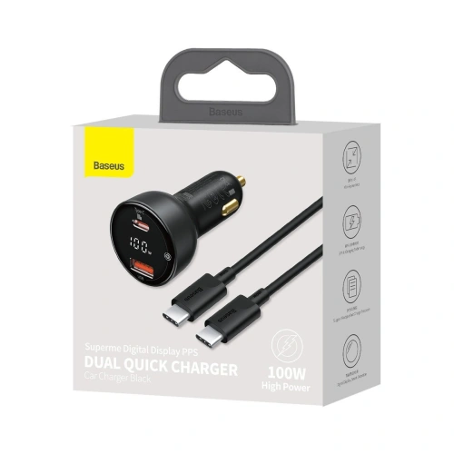 Kup Auto nabíječka Baseus Superme USB, USB-C, 100W + USB-C kabel (černá) - BSU2838BLK - {ean13} - Sklep Home Screen