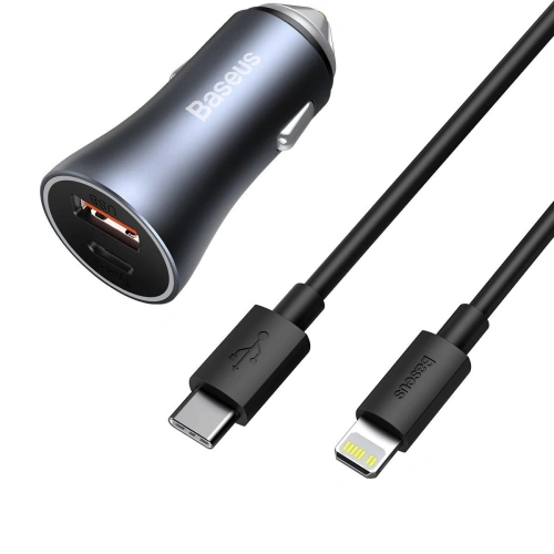 Kup Încărcător auto Baseus Golden Contactor Pro, USB + USB-C, QC4.0+, PD, SCP, 40W (gri) + cablu USB-C pentru iP 1m (negru) - BSU2843BLK - {ean13} - Sklep Home Screen