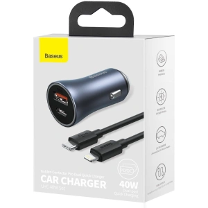 Kup Autonabíječka Baseus Golden Contactor Pro, USB + USB-C, QC4.0+, PD, SCP, 40W (šedá) + kabel USB-C do iP 1m (černý) - BSU2843BLK - {ean13} - Sklep Home Screen