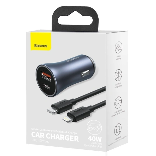 Kup Ładowarka samochodowa Baseus Golden Contactor Pro, USB + USB-C, QC4.0+, PD, SCP, 40W (szara) + kabel USB-C do iP 1m (czarny) - BSU2843BLK - {ean13} - Sklep Home Screen