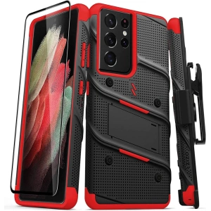 Kup Pancéřové etui ZIZO BOLT Series Samsung Galaxy S21 Ultra 5G se sklem 9H na displej + držák s podstavcem (Černá & Červená) - ZIZ079BLKRED - {ean13} - Sklep Home Screen