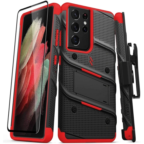 Kup Etui blindat ZIZO BOLT Series Samsung Galaxy S21 Ultra 5G cu sticlă 9H pentru ecran + suport cu bază (Negru & Roșu) - ZIZ079BLKRED - {ean13} - Sklep Home Screen