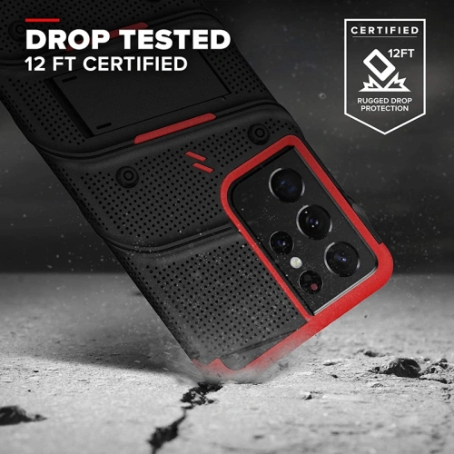 Kup Pancerne etui ZIZO BOLT Series Samsung Galaxy S21 Ultra 5G ze szkłem 9H na ekran + uchwyt z podstawką (Black & Red) - ZIZ079BLKRED - {ean13} - Sklep Home Screen