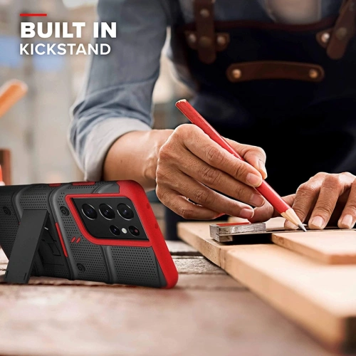 Kup Pancerne etui ZIZO BOLT Series Samsung Galaxy S21 Ultra 5G ze szkłem 9H na ekran + uchwyt z podstawką (Black & Red) - ZIZ079BLKRED - {ean13} - Sklep Home Screen