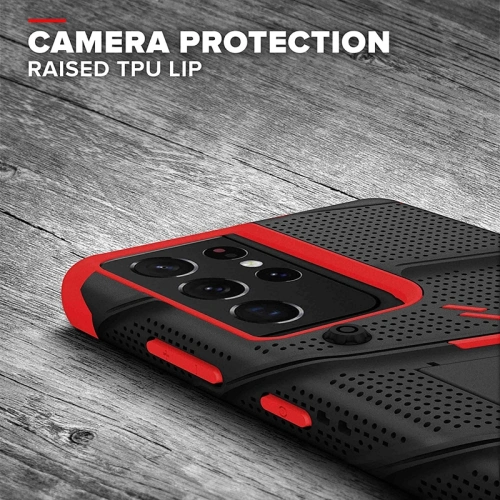 Kup Pancerne etui ZIZO BOLT Series Samsung Galaxy S21 Ultra 5G ze szkłem 9H na ekran + uchwyt z podstawką (Black & Red) - ZIZ079BLKRED - {ean13} - Sklep Home Screen