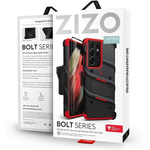 Kup Etui blindat ZIZO BOLT Series Samsung Galaxy S21 Ultra 5G cu sticlă 9H pentru ecran + suport cu bază (Negru & Roșu) - ZIZ079BLKRED - {ean13} - Sklep Home Screen