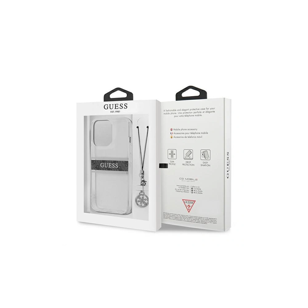 Etui Guess GUHCP13LKB4GGR Apple iPhone 13 Pro Transparent hardcase 4G Grey Strap Charm