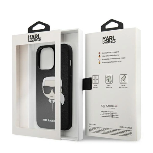 Buy Karl Lagerfeld KLHCP13XSAKHBK Apple iPhone 13 Pro Max black hardcase Saffiano Ikonik Karl`s Head - KLD696BLK - {ean13} - Home Screen Store Europe