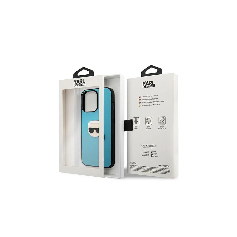 Etui Karl Lagerfeld KLHCP13XPKMB Apple iPhone 13 Pro Max niebieski/blue hardcase Leather Ikonik Karl`s Head Metal