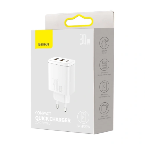 Kup Încărcătorul de rețea Baseus Compact Quick Charger, 2xUSB, USB-C, PD, 3A, 30W (alb) - BSU2896WHT - {ean13} - Sklep Home Screen