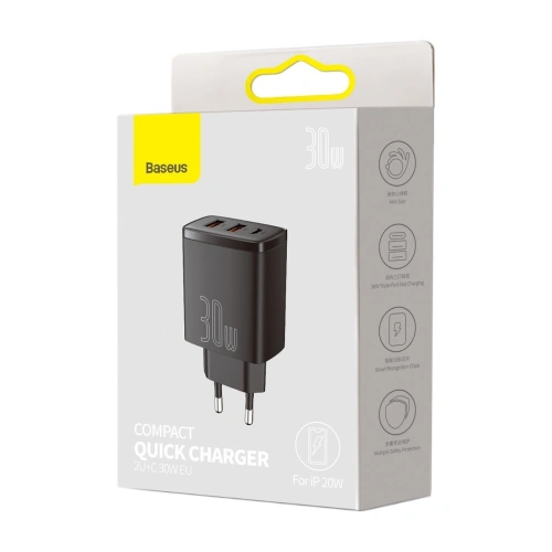 Kup Netzteil Baseus Compact Quick Charger, 2xUSB, USB-C, PD, 3A, 30W (schwarz) - BSU2897BLK - {ean13} - Sklep Home Screen