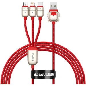 Kabel USB 3w1 Baseus Rok tygra, USB na micro USB / USB-C / Lightning, 3.5A, 1.2m (červený)