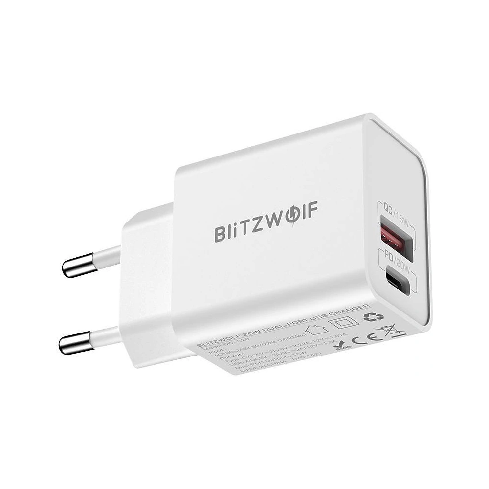 Ładowarka sieciowa Blitzwolf BW-S20, USB, USB-C, 20W (biała)