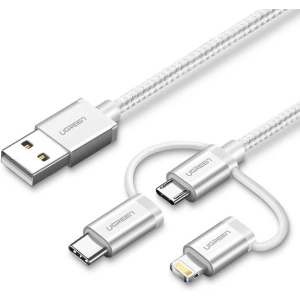 Kabel USB 3w1 UGREEN US186 Type-C / Micro USB / Lightning, 1m (stříbrný)