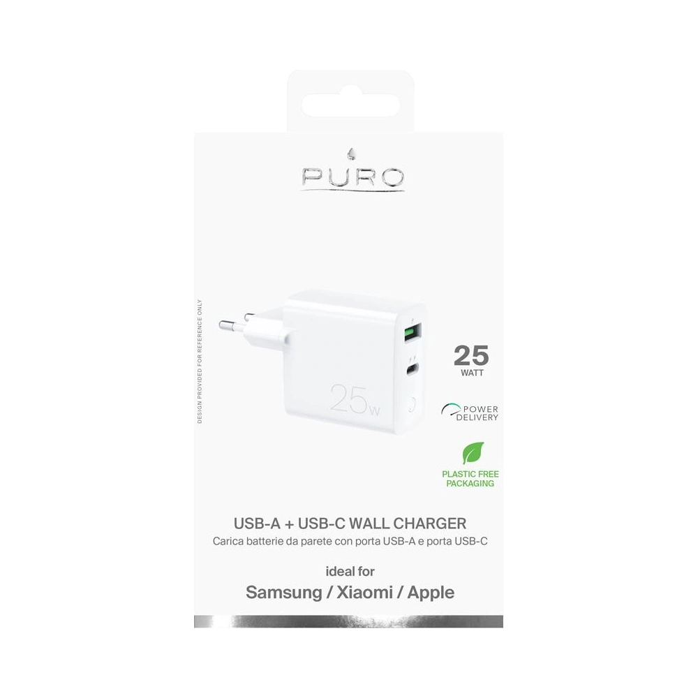 Ładowarka sieciowa PURO Mini Fast Travel Charger USB-A + USB-C Power Delivery 25W (biały)
