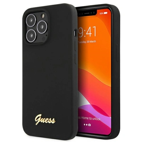 Buy Guess GUHMP13LLSLMGBK Apple iPhone 13 Pro black hardcase Silicone Script Gold Logo - GUE1624BLK - {ean13} - Home Screen Store Europe