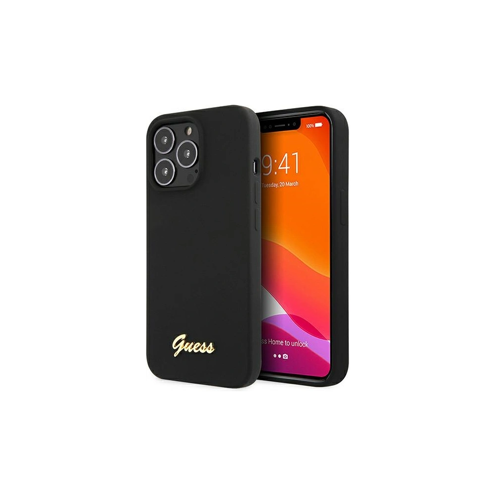 Etui Guess GUHMP13XLSLMGBK Apple iPhone 13 Pro Max black/czarny hardcase Silicone Script Gold Logo