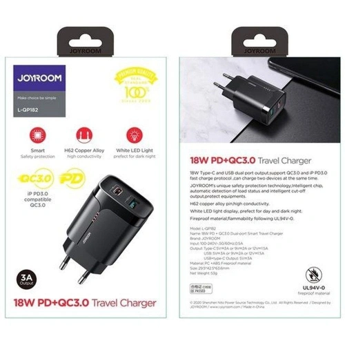 Kup Ładowarka sieciowa Joyroom L-QP182 2-port Network Charger 18W PD 3.0 QC 3.0 Black - JYR083BLK - {ean13} - Sklep Home Screen