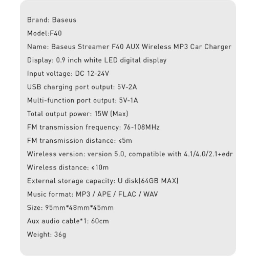 Kup FM-Transmitter Baseus F40 Bluetooth AUX-Port Auto-Ladegerät 2x USB 15W 2A schwarz - BSU3273BLK - {ean13} - Sklep Home Screen