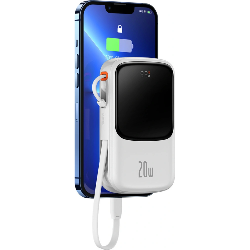Powerbank Baseus Qpow 10000mAh wbudowany kabel Lightning 20W Quick Charge SCP AFC FCP biały