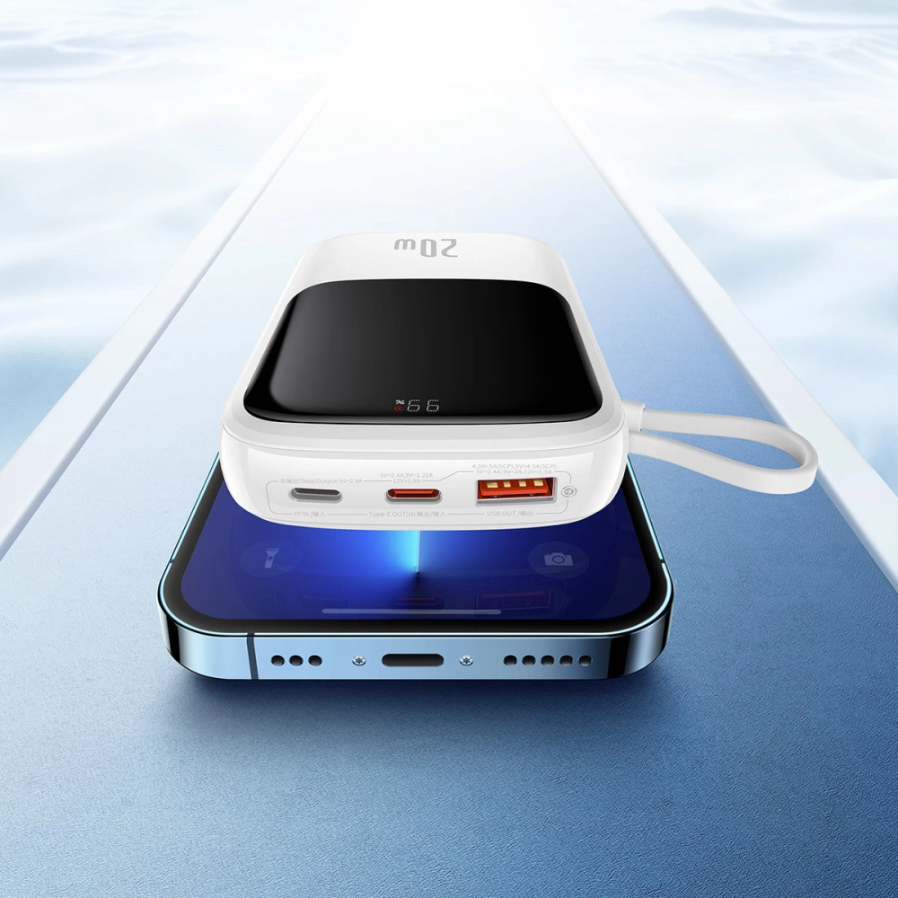 Powerbank Baseus Qpow 10000mAh wbudowany kabel Lightning 20W Quick Charge SCP AFC FCP biały