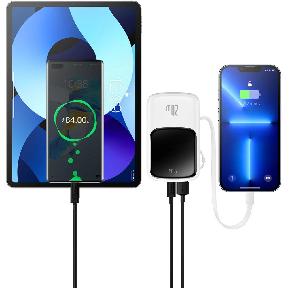 Powerbank Baseus Qpow 10000mAh wbudowany kabel Lightning 20W Quick Charge SCP AFC FCP biały