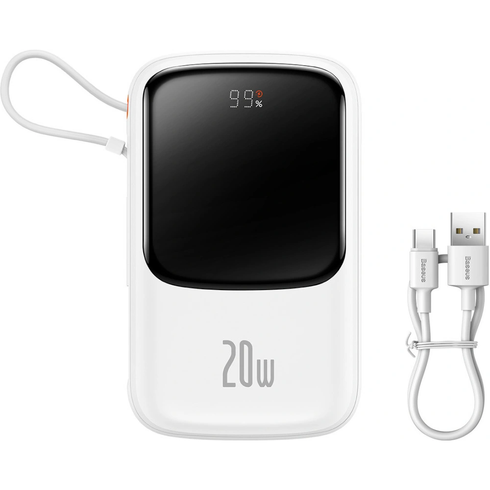 Powerbank Baseus Qpow 10000mAh wbudowany kabel Lightning 20W Quick Charge SCP AFC FCP biały