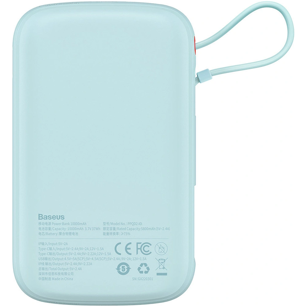 Powerbank Baseus Qpow 10000mAh wbudowany kabel Lightning 20W Quick Charge SCP AFC FCP niebieski