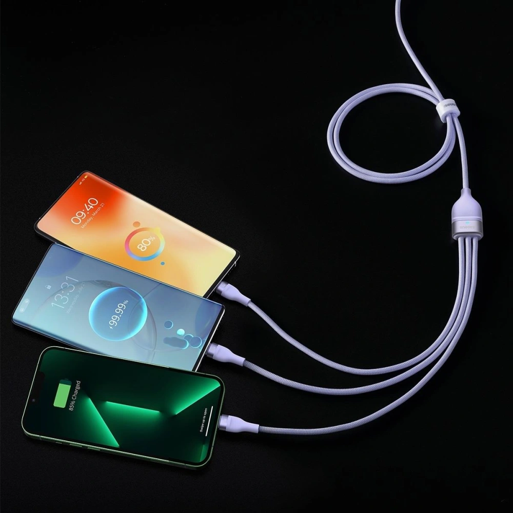 Kabel 3w1 Baseus Flash Series II USB-C/USB-A  - USB-C, Lightning, micro USB 100W 1,5m fioletowy