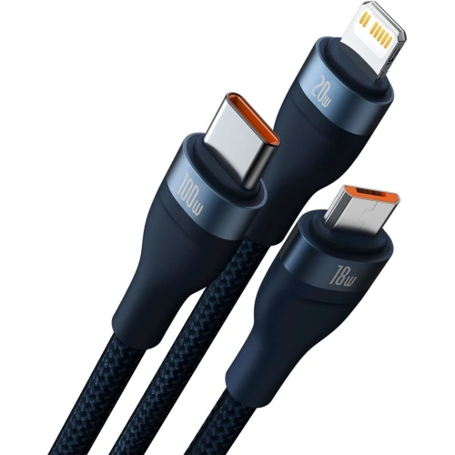 Kup Kabel 3w1 Baseus Flash Series II USB-C/USB-A - USB-C, Lightning, micro USB 100W 1,2m modrý - BSU3333BLU - {ean13} - Sklep Home Screen