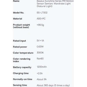 Kup Lampka do šatníku Baseus Sunshine Series s pohybovým senzorem PIR 1200mAh bílá - BSU3337WHT - {ean13} - Sklep Home Screen