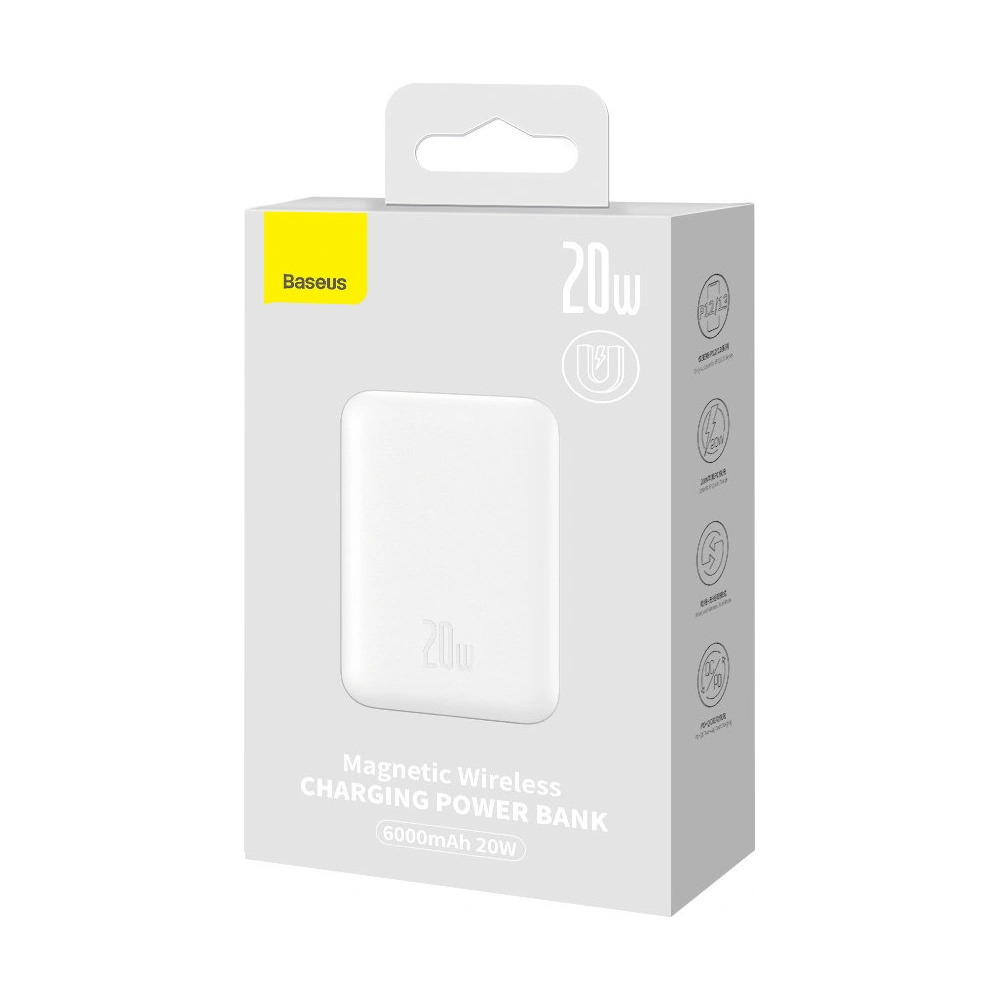 Powerbank Baseus magnetyczny 6000mAh 20W + kabel USB Typ C 60W 50cm biały