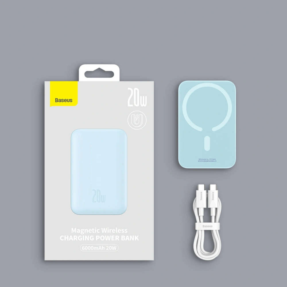 Powerbank Baseus magnetyczny 6000mAh 20W + kabel USB Typ C 60W 50cm biały