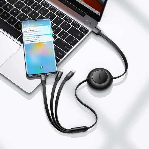Kup Cablul retractabil 3w1 Baseus Bright Mirror 2 USB-A - micro USB + Lightning + USB-C 66W 1.1m negru - BSU3355BLK - {ean13} - Sklep Home Screen
