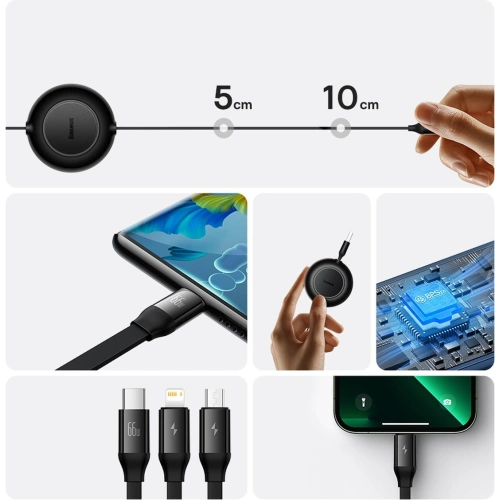 Kup Cablul retractabil 3w1 Baseus Bright Mirror 2 USB-A - micro USB + Lightning + USB-C 66W 1.1m negru - BSU3355BLK - {ean13} - Sklep Home Screen