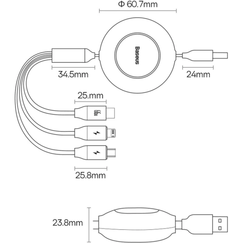 Kup Cablul retractabil 3w1 Baseus Bright Mirror 2 USB-A - micro USB + Lightning + USB-C 66W 1.1m negru - BSU3355BLK - {ean13} - Sklep Home Screen