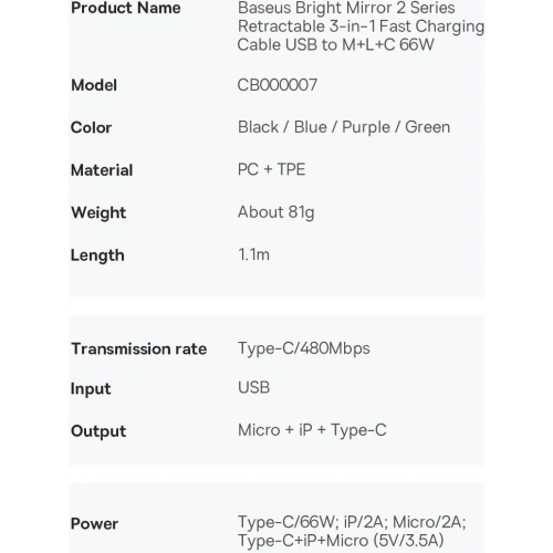 Kup Húzható kábel 3w1 Baseus Bright Mirror 2 USB-A - micro USB + Lightning + USB-C 66W 1.1m fekete - BSU3355BLK - {ean13} - Sklep Home Screen