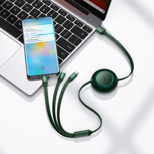 Kup Cablul retractabil 3w1 Baseus Bright Mirror 2 USB-A - micro USB + Lightning + USB-C 66W 1.1m verde - BSU3358GRN - {ean13} - Sklep Home Screen