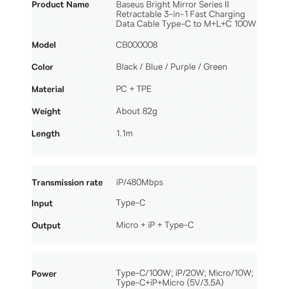 Zwijany kabel 3w1 Baseus Bright Mirror 2 USB-C - micro USB + Lightning + USB-C 3.5A 1.1m czarny