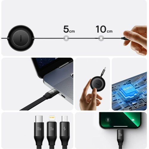 Buy Baseus Bright Mirror 2 retractable cable 3in1 USB Type C - micro USB + Lightning + USB Type C 3.5A 1.1m black - BSU3361BLK - {ean13} - Home Screen Store Europe