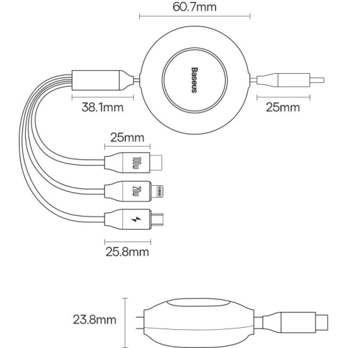 Buy Baseus Bright Mirror 2 retractable cable 3in1 USB Type C - micro USB + Lightning + USB Type C 3.5A 1.1m black - BSU3361BLK - {ean13} - Home Screen Store Europe