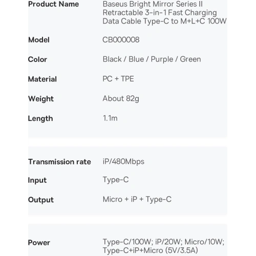 Kup Cablul retractabil 3w1 Baseus Bright Mirror 2 USB-C - micro USB + Lightning + USB-C 3.5A 1.1m albastru - BSU3362BLU - {ean13} - Sklep Home Screen