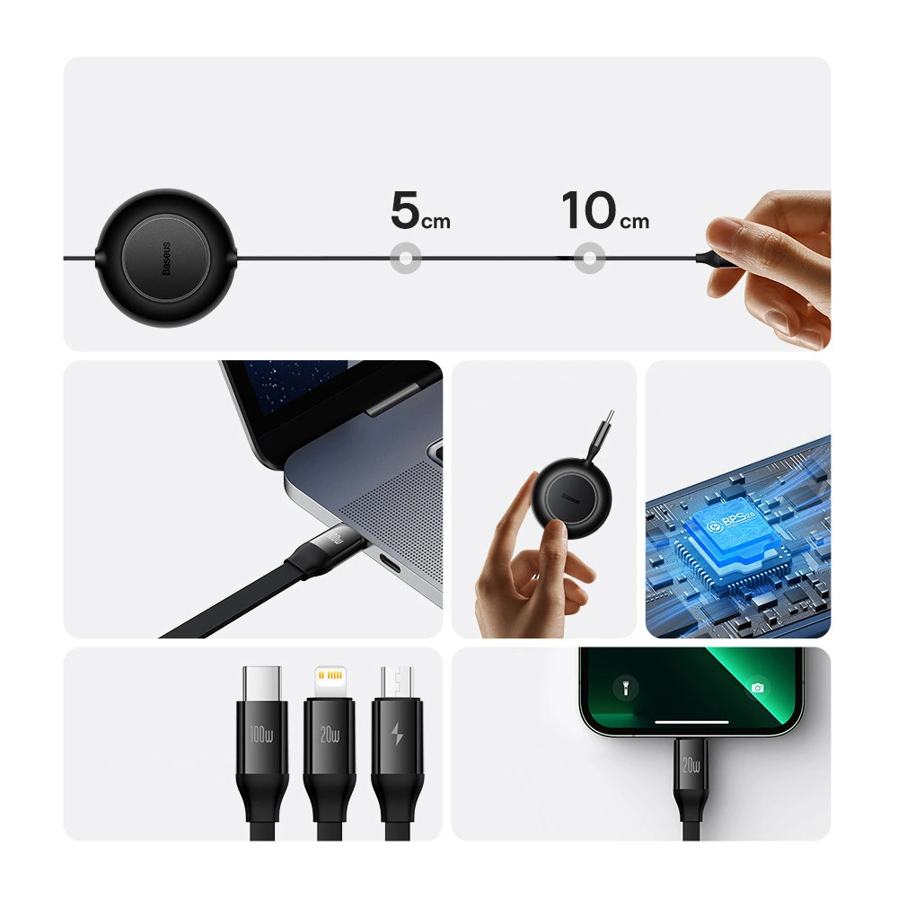 Zwijany kabel 3w1 Baseus Bright Mirror 2 USB-C - micro USB + Lightning + USB-C 3.5A 1.1m niebieski