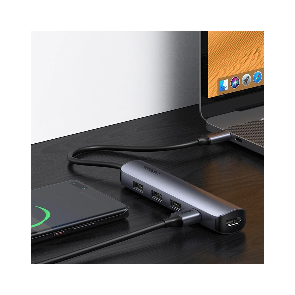 Adapter UGREEN CM417 USB-C - HDMI / 4xUSB szary