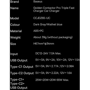 Kup Ładowarka samochodowa Baseus Golden Contactor Pro USB-A + 2x USB-C 65W niebieski - BSU3366BLU - {ean13} - Sklep Home Screen