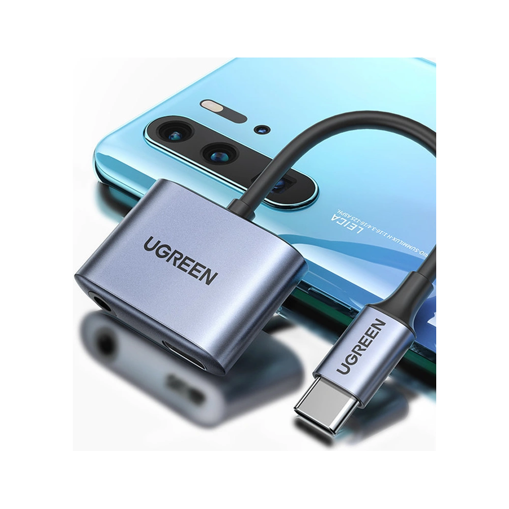 Adapter UGREEN CM231 USB-C (męski) - USB-C PD QC (żeński) + mini jack 3,5mm (żeński) szary