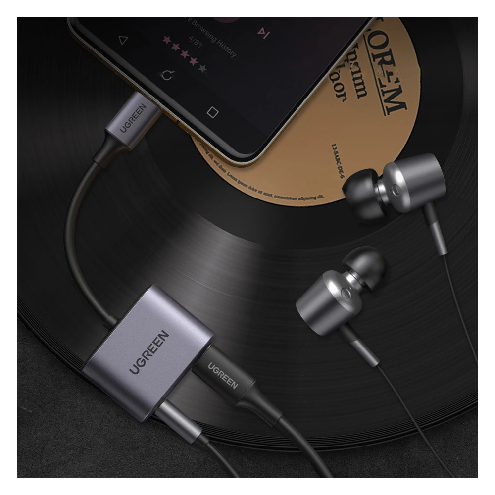 Adapter UGREEN CM231 USB-C (męski) - USB-C PD QC (żeński) + mini jack 3,5mm (żeński) szary